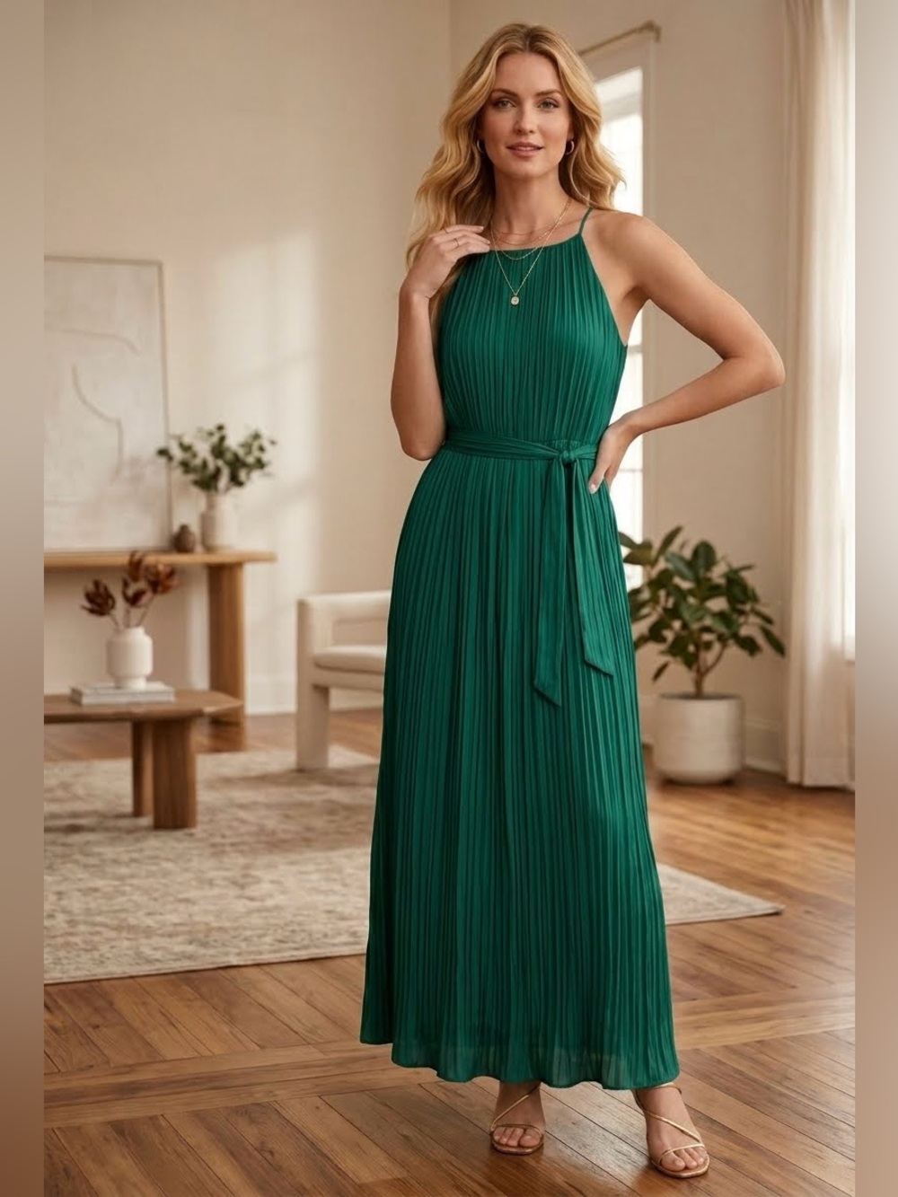 Banana Republic NWT Pleated Green Maxi Dress with Waist Tie~Size L